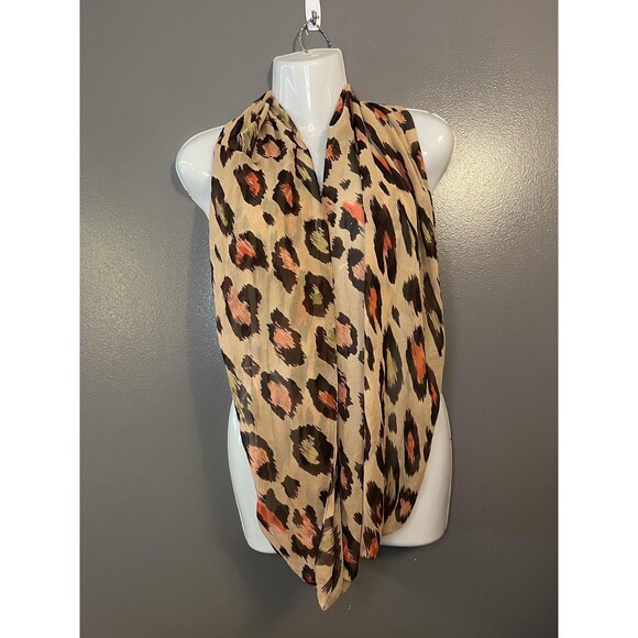 Leopard Print Scarf Womens One Size Beige Brown Orange Silk Blend Sheer - Picture 1 of 6